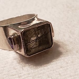 Black rutilated tourmaline quartz with amethyst in sterling silver ring